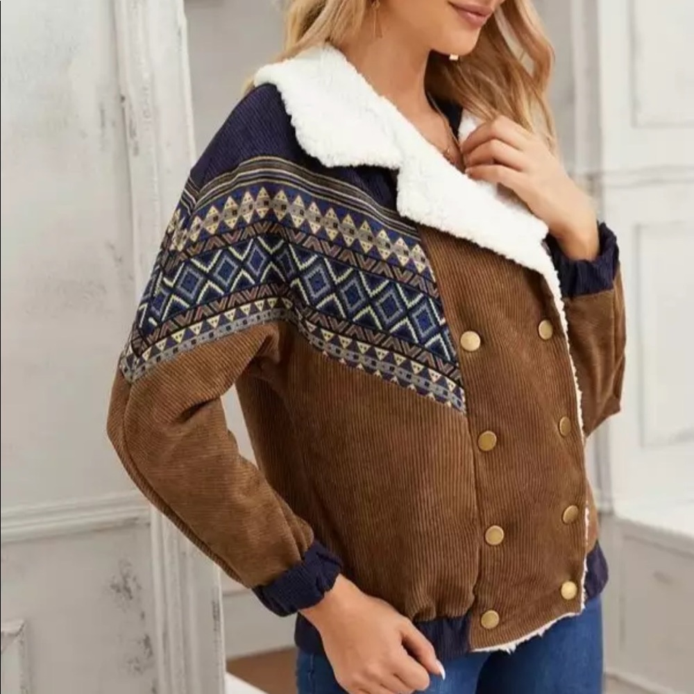 Boho corduroy embroidered shearling jacket brown - Picture 5 of 5